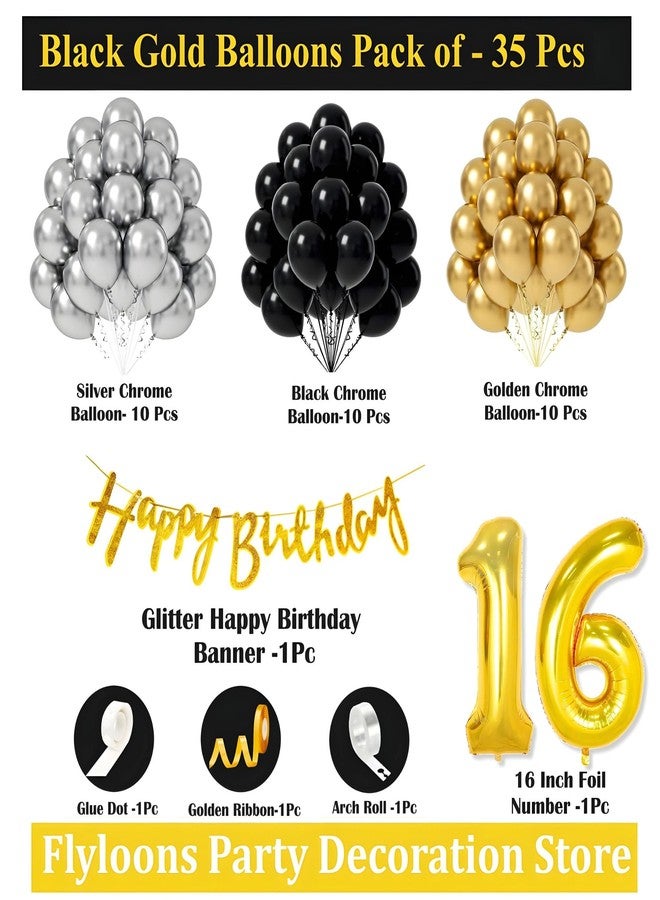 Flyloons 16th Happy Birthday Decoration Golden and Black Theme Combination for Boys Girls | 30 Pcs Gold Black Silver Balloons | Gold Happy Birthday Cursive Glitter Banner | Arch Tape | Glue Dots - Image 2